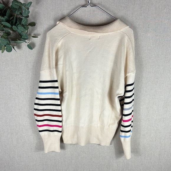 Elan > Cream V Neck Collared Striped Sweater Small - Picture 9 of 9